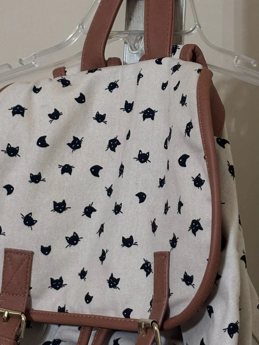 Canvas Cat Print Drawstring Backpack with Brown Faux Leather Trim